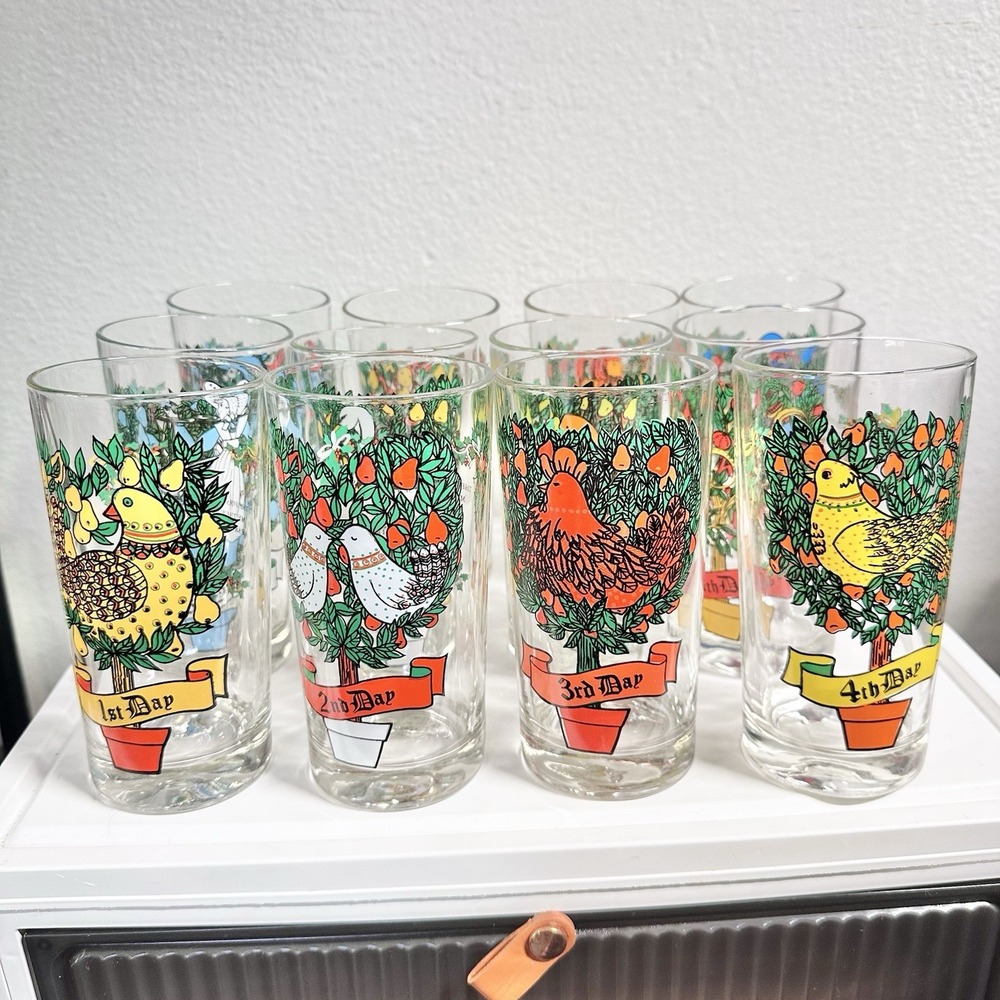 Vintage Indiana Glass 12 Days of Christmas 12oz Tumblers Complete Set of 12 EUC